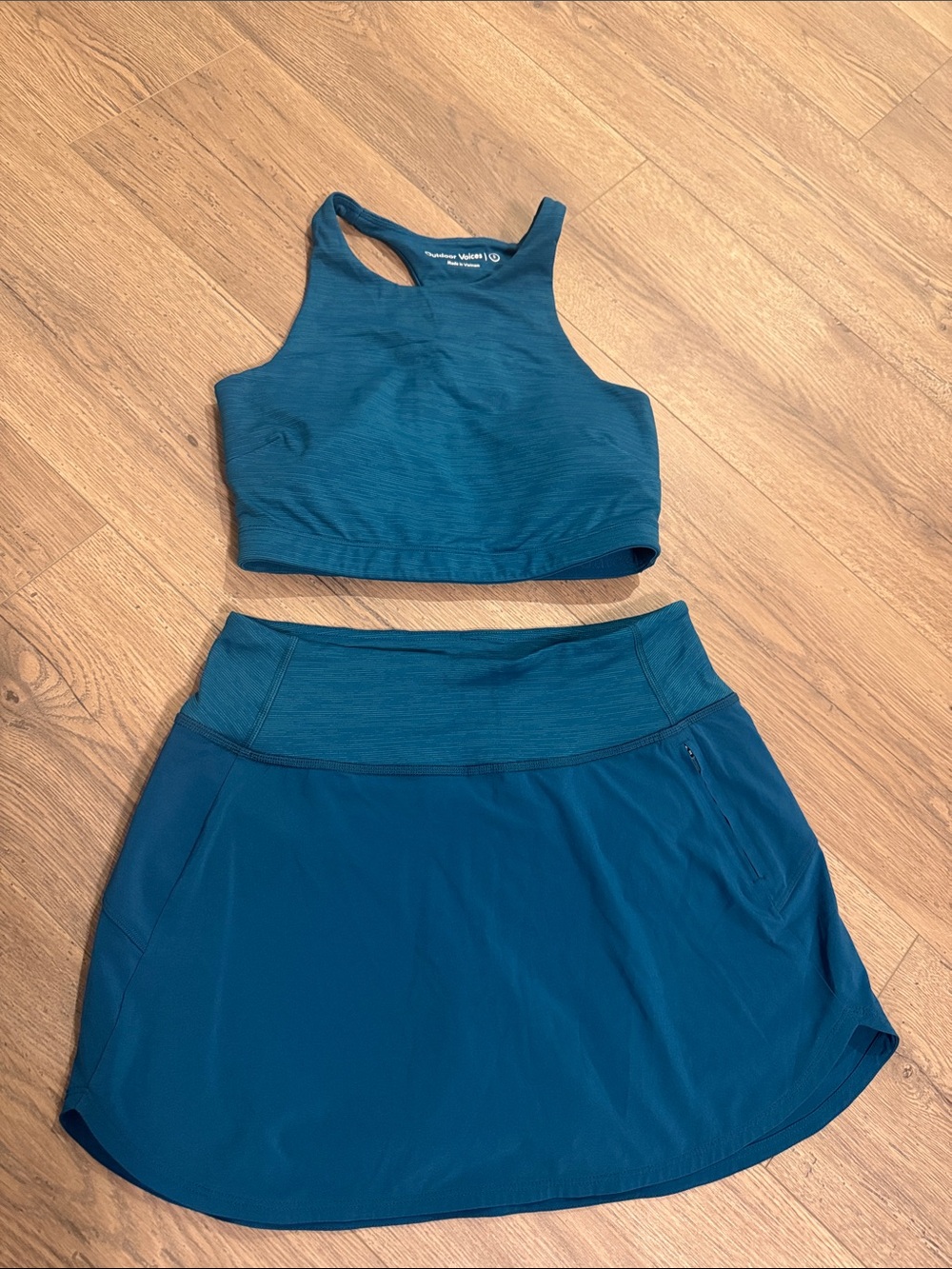 Outdoor Voices Deep Teal Racerback sports bra and skort set